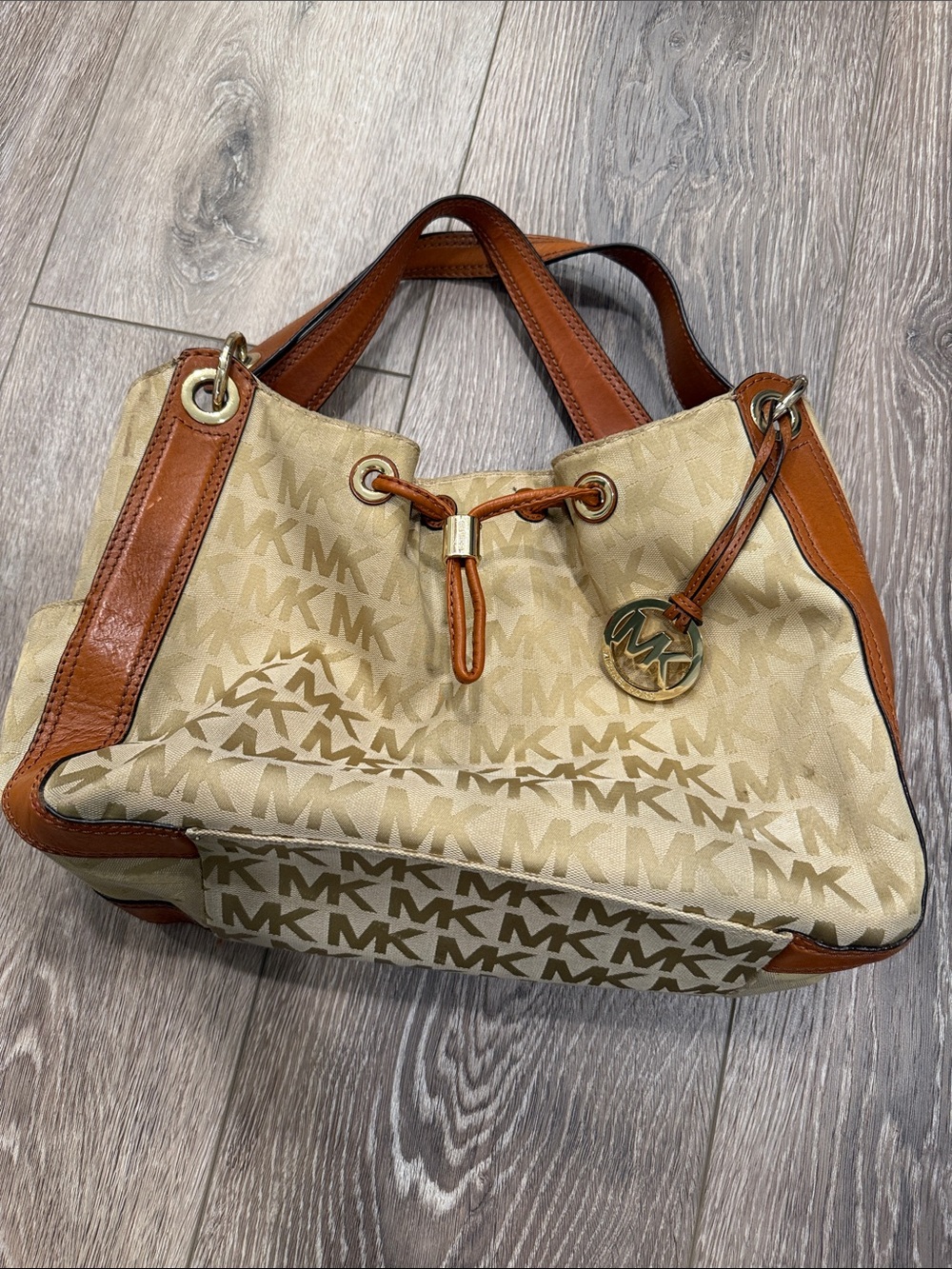 Michael Kors Beige and Tan MK Logo Drawstring Shoulder Bag